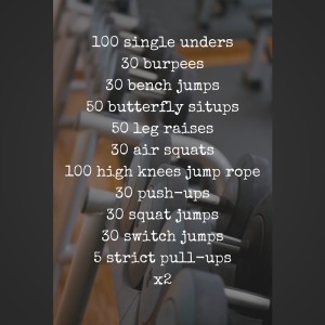 100 Single unders30 burpees30 bench jumps50 butterfly situps50 leg raises30 air squats100 high knees jump rope30 push-ups30 squat jumps30 switch jumps5 strict pull-upsx2 (1)